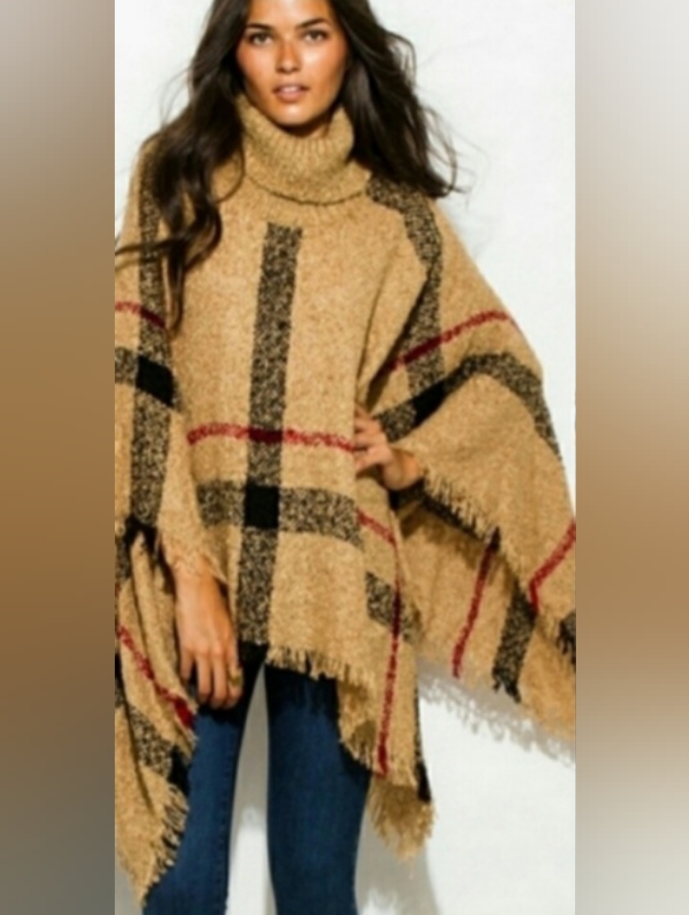 Plaid Turtleneck Poncho Cape Shawl Wrap Coverup w Fringed Hem One Size
